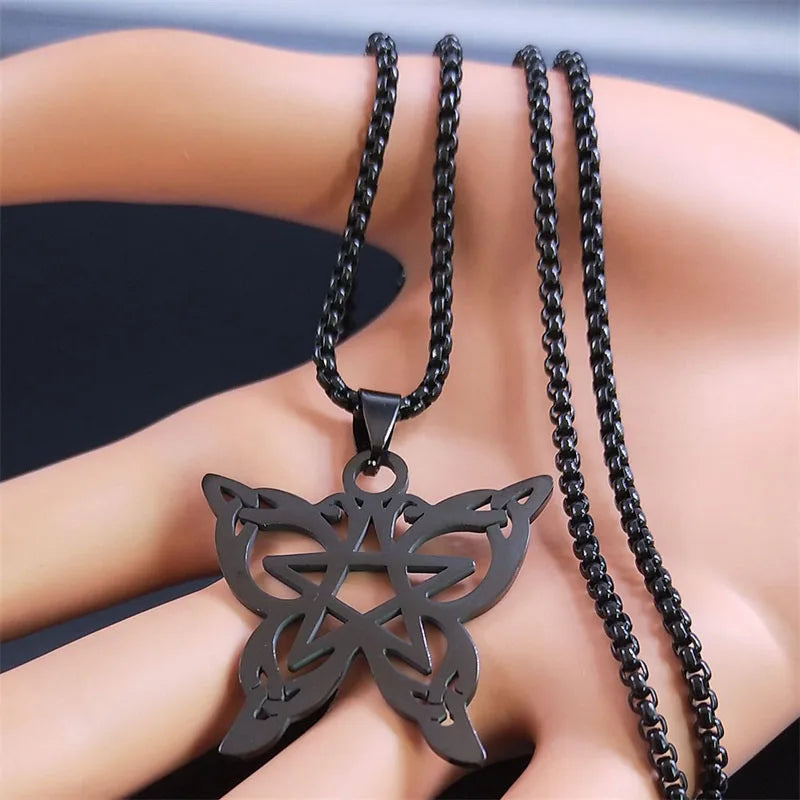 Goth Witchcraft Pentagram Butterfly Pendant Necklace - Stainless Steel Celtic Pentacle Necklaces, Witchy Jewelry