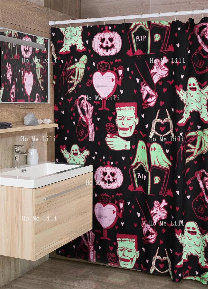 Pastel Goth Halloween Love Print Shower Curtain – Horror Valentines Kawaii Goth Alternative Romantic Design for Bathroom Decor