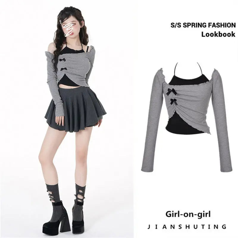 Y2K Grey Two-Piece Set - Spicy Girl Top with Slim Sexy Hot-Sweet Women's Short Shirt, Off-Shoulder Long-Sleeved T-shirt with Hanging Neck Bow