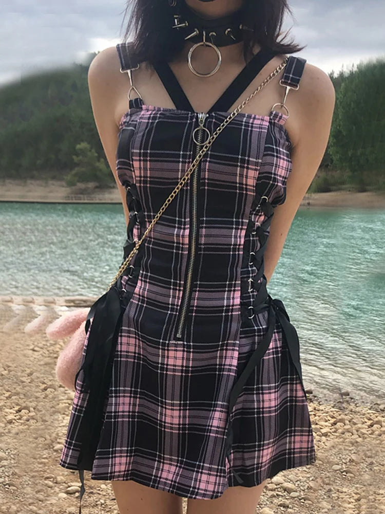 AltGoth Fairy Grunge Plaid Dress Women Mall Goth Punk Aesthetic Y2k Zipper Bandage Corset Dress Vintage Dark Gothic Alt Outfits