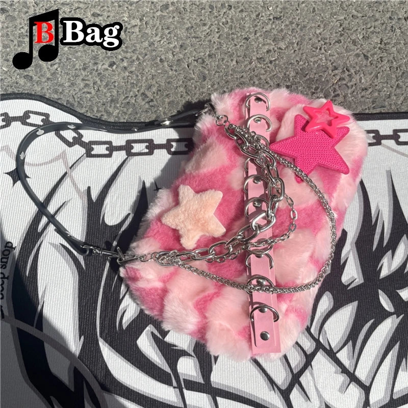 Pink Plush Shoulder Bag Cute Sweet Heart Pattern with Star and Metal Embellishments | Detachable PU Strap