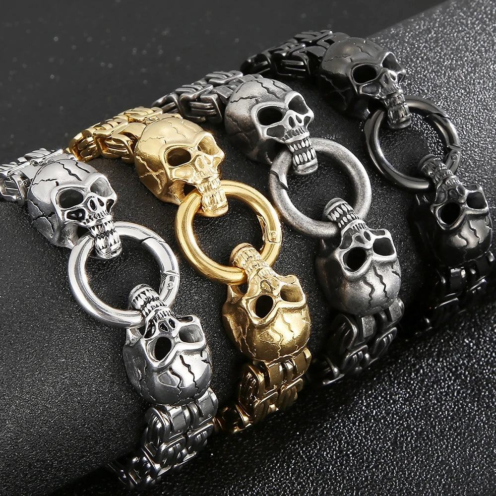 Punk Rock Skull Bracelet for Men - 316L Stainless Steel Double Link Chain with Skull Charm | Gothic Style