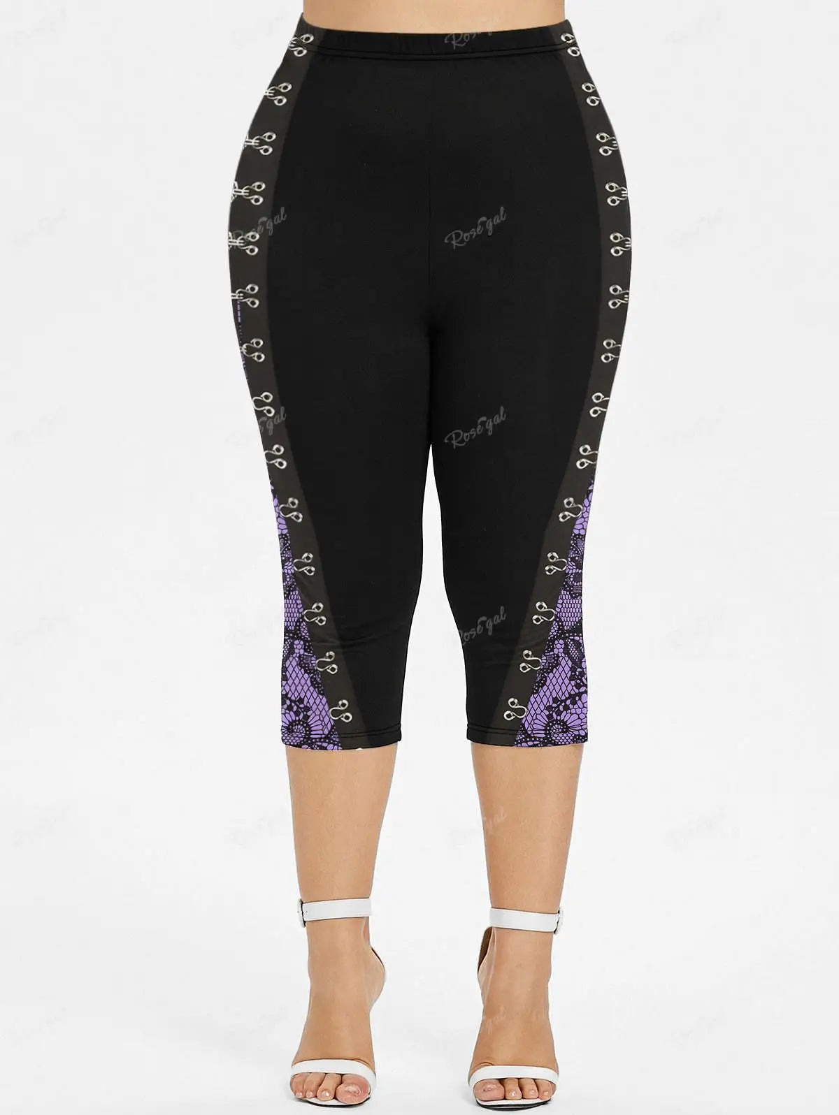 Cinched Tank Top and Capri Leggings Plus Size Outfit | 2-Piece Set or Separates | Hook and Eye Closure | Floral Lace 3D Print