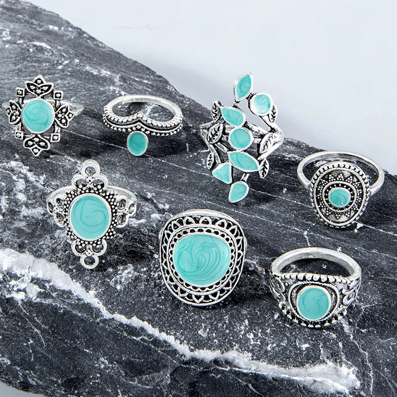 Tocona Bohemian Turquoise Joint Ring Set, Vintage Silver Geometric Party Rings for Women Men