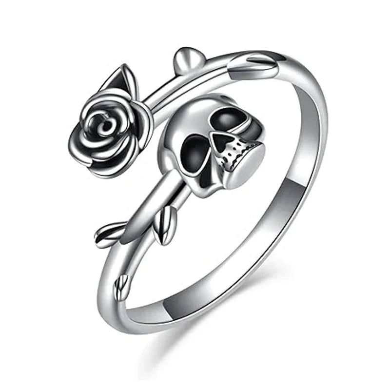 Goth Skull Head Rose Silver Ring for Women - Adjustable Vintage Jewelry, Unique Party & Birthday Gift