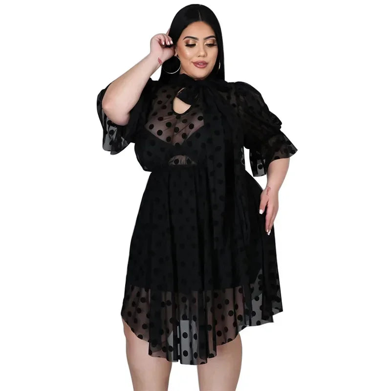 KEXU Dot Mesh Sheer Club Dress - Plus Size Black Ruffles Sexy Bodycon Night Party Dress