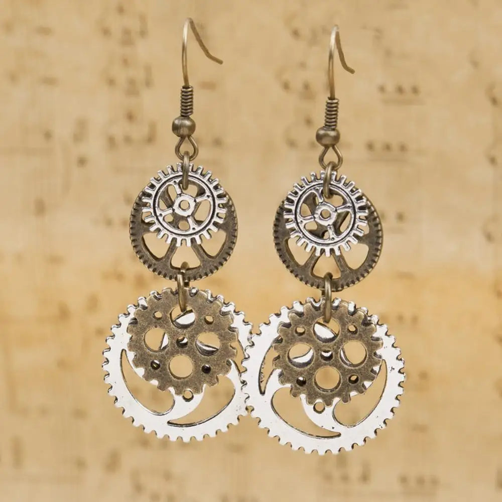 Steampunk Metal Double Gear Drop Hook Earrings - Unique Women's Party Jewelry Gift with Industrial Style