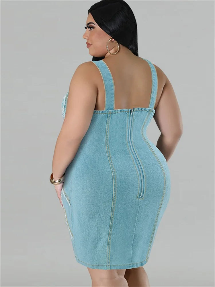 Wmstar Plus Size Denim Dresses for Women Summer Sleeveless Fashion Casual Bodycon Zipper Midi Dress Wholesale Dropshipping 2024