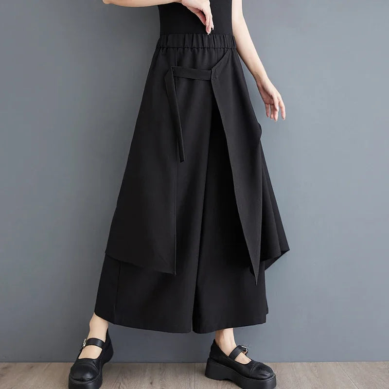 Solid Gothic High Waist Wide Leg Pants for Women - Chic Asymmetrical Design