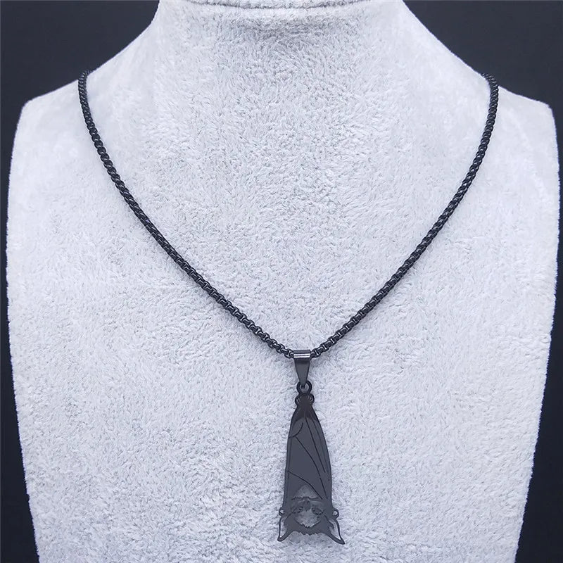 Fashion Gothic Bat Stainless Steel Chain Necklace | Black Color Punk Long Necklaces Jewelry for Women/Men