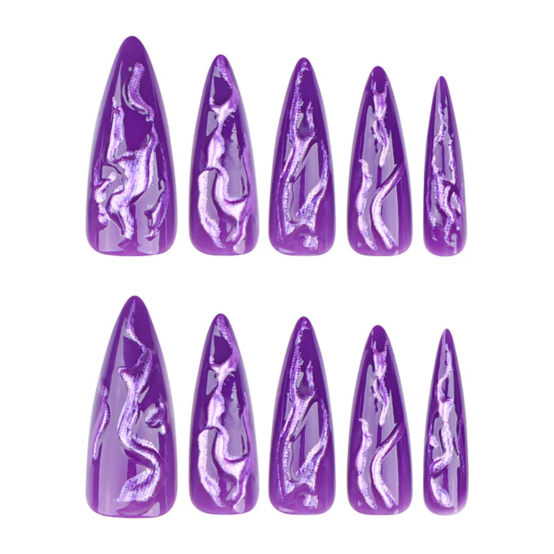 24Pcs Halloween Purple Magic Mirror Powder Press-On Nails – 3D Long Pointed Stiletto False Nails