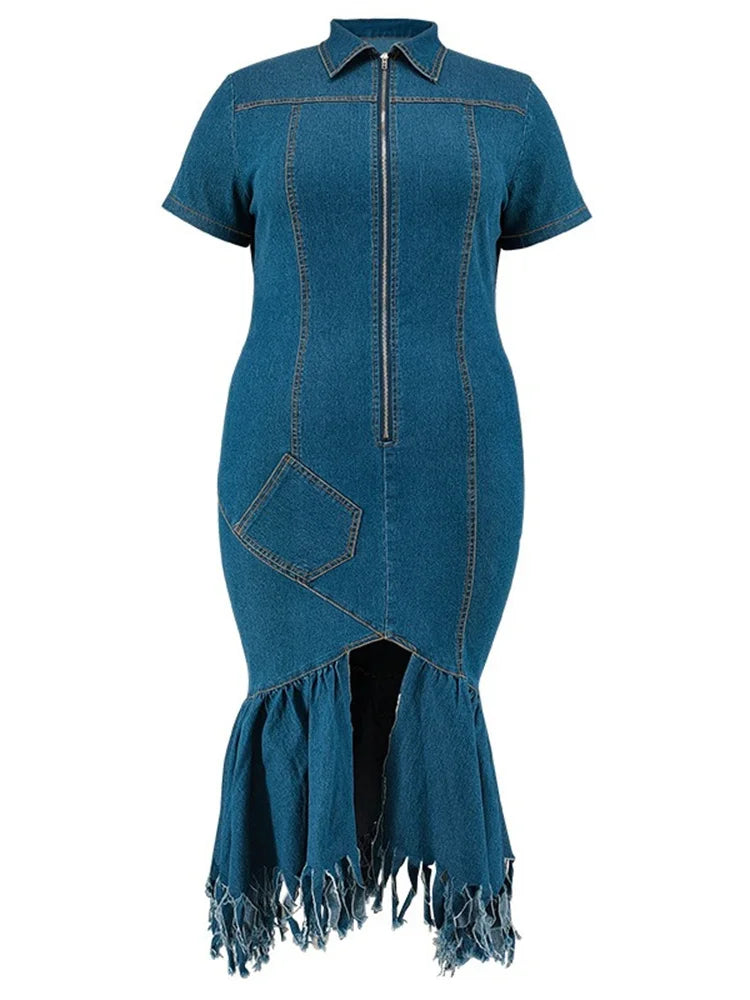 Wmstar Denim Plus Size Dresses for Women Summer Solid Zipper Tassel Hem Fashion Elegant Maxi Dress  Wholesale Dropshipping 2024