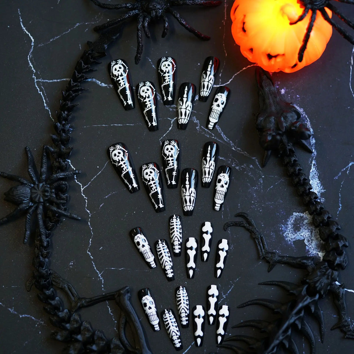 24pcs White Skull Press-On Nails – Black Long Ballet Halloween Fake Nails, Full Cover Ghost Skull Tips