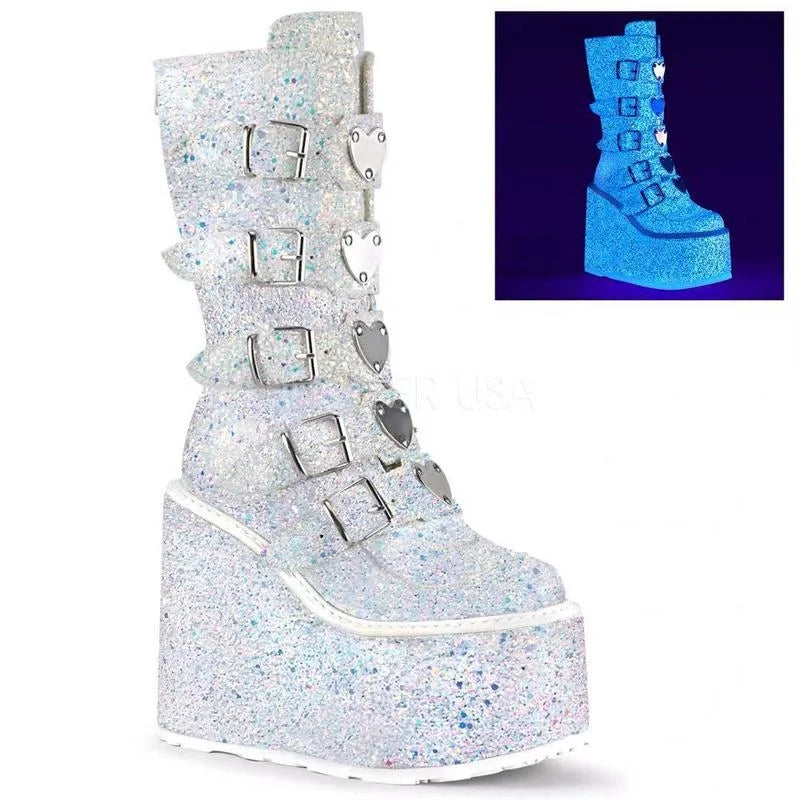 Glitter Gothic Punk Motorcycle Boots - Women's Platform Wedge High Heel Calf Boots by Brand Design