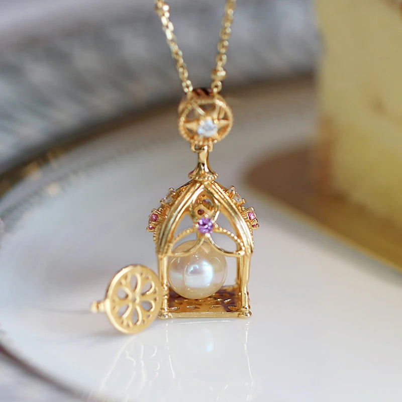 Romantic Court Style Pearl Necklace | Ancient Gold Craft Purple Crystal Open Small Cage Pendant Clavicle Chain