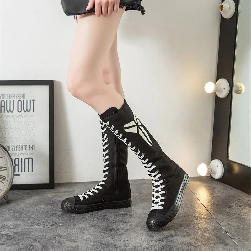 Women’s Knee-High Long Boots – Slim Fit with Cross-Tied Luminous Fluorescent Green Shoelaces, Canvas Shoes