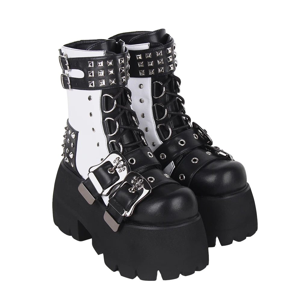 Women Gothic motorcycle Punk Dark Street Style boots lady short ankle customized Boots woman high heels pumps shoes black rivets