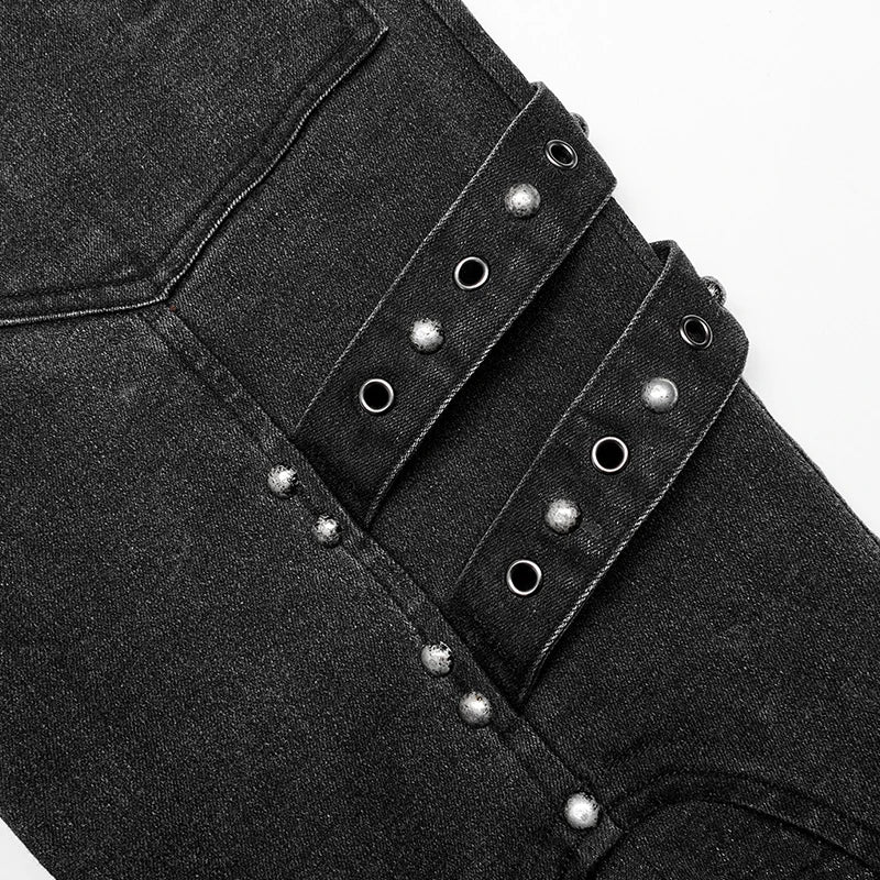 PUNK RAVE Men's Post-apocalyptic Style Micro Elastic Twill Denim Pants Punk Pockets Loops & Eyelets Decorate Black Trousers