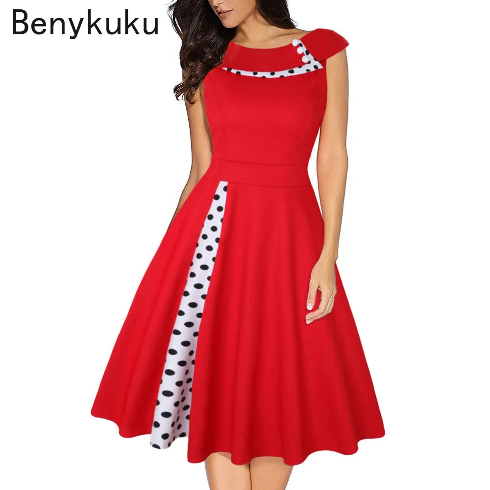 Women's Summer Casual Dresses 2024 - Cotton Slim Tunic, Elegant Vintage Retro Pin Up Swing Polka Dot Rockabilly Dress, Inspired by 50s and 60s Robes