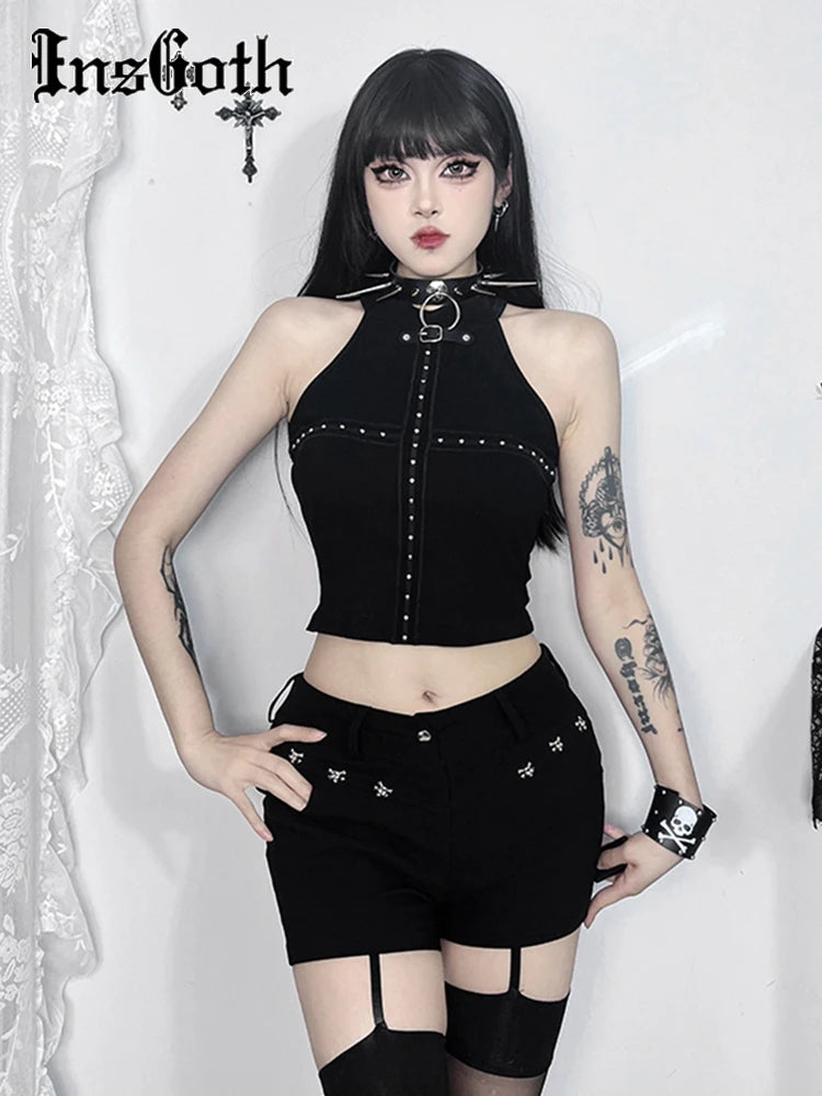 InsGoth Gothic Basic Suspender Vest | Women’s Summer E-Girl Punk Streetwear Tank Top | Harajuku Cold Shoulder Grunge Camisole