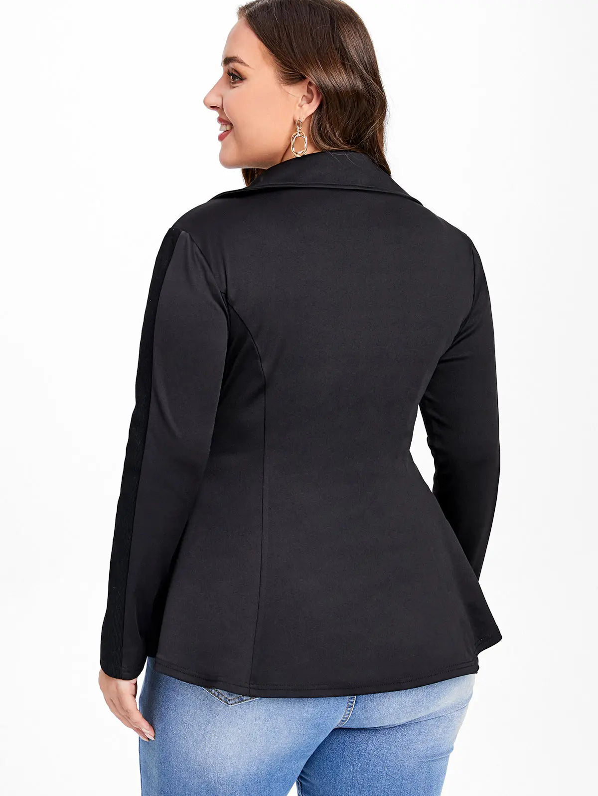 ROSEGAL Plus Size Women's Black Jacket - Fashion Ribbed Panel, Zipper Turn-Down Collar Coat, Casual Outerwear Top