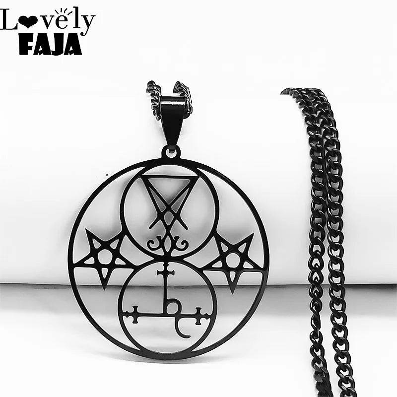 Lilith Pentacle Sigil of Lucifer Church Necklace - Stainless Steel Satan Demon Hollow Pentagram Round Necklaces, Goth Jewelry