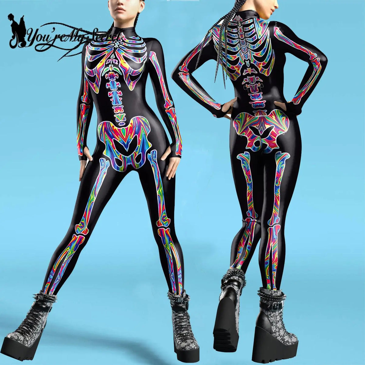 [You're My Secret] Halloween Colorful 3D Skeleton Women Bodysuits Zentai Jumpsuit Front Zipper Cosplay Costume for Female Outfit