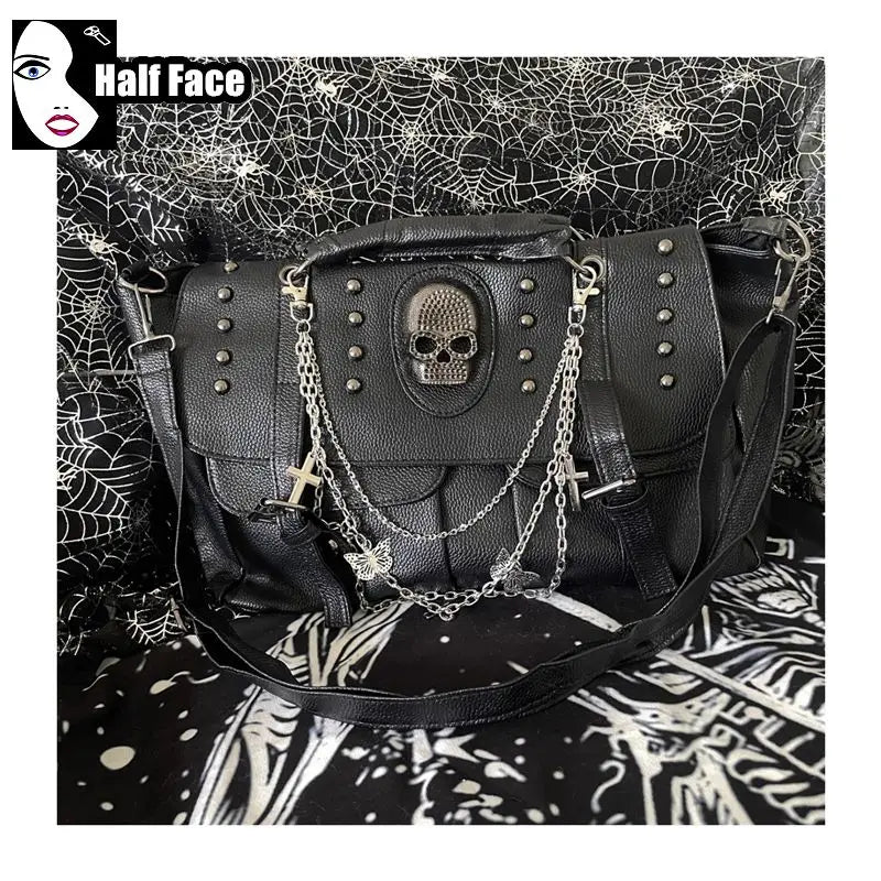 Y2K Harajuku Gothic Punk Skeleton Head Chain Crossbody Bag - Spicy Girls Locomotive Subculture Lolita Tote