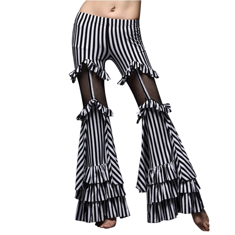 Tribal Belly Dancing Clothes Stripe Trousers Gypsy Dance Flare Trousers Cotton Mesh Fusion Women Tribal Belly Dance Pants