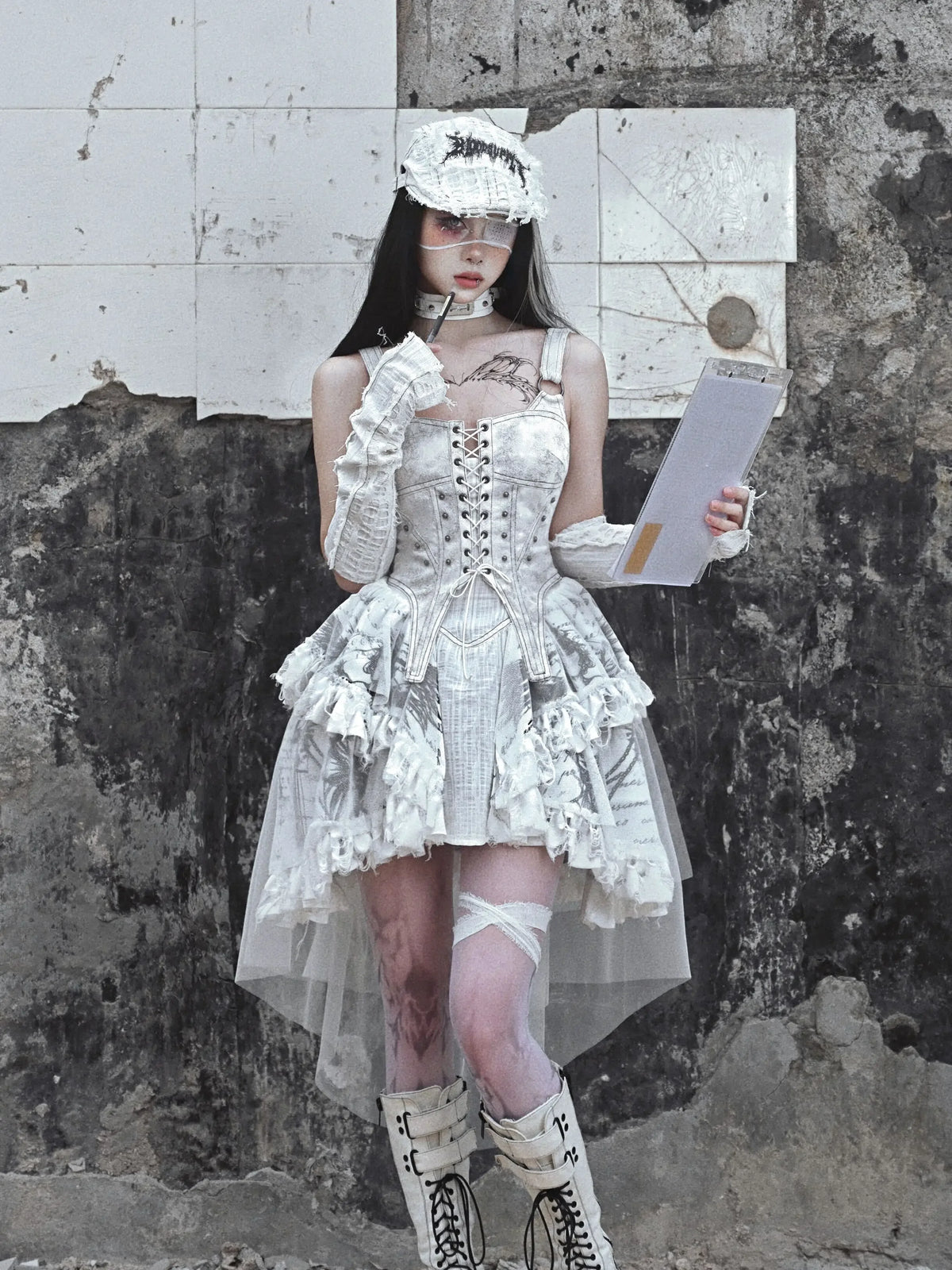 Blood Supply Original Madhouse Vintage Dress – Suede Strap, Punk Niche Trailing Print, Gothic Light Lolita White Dress