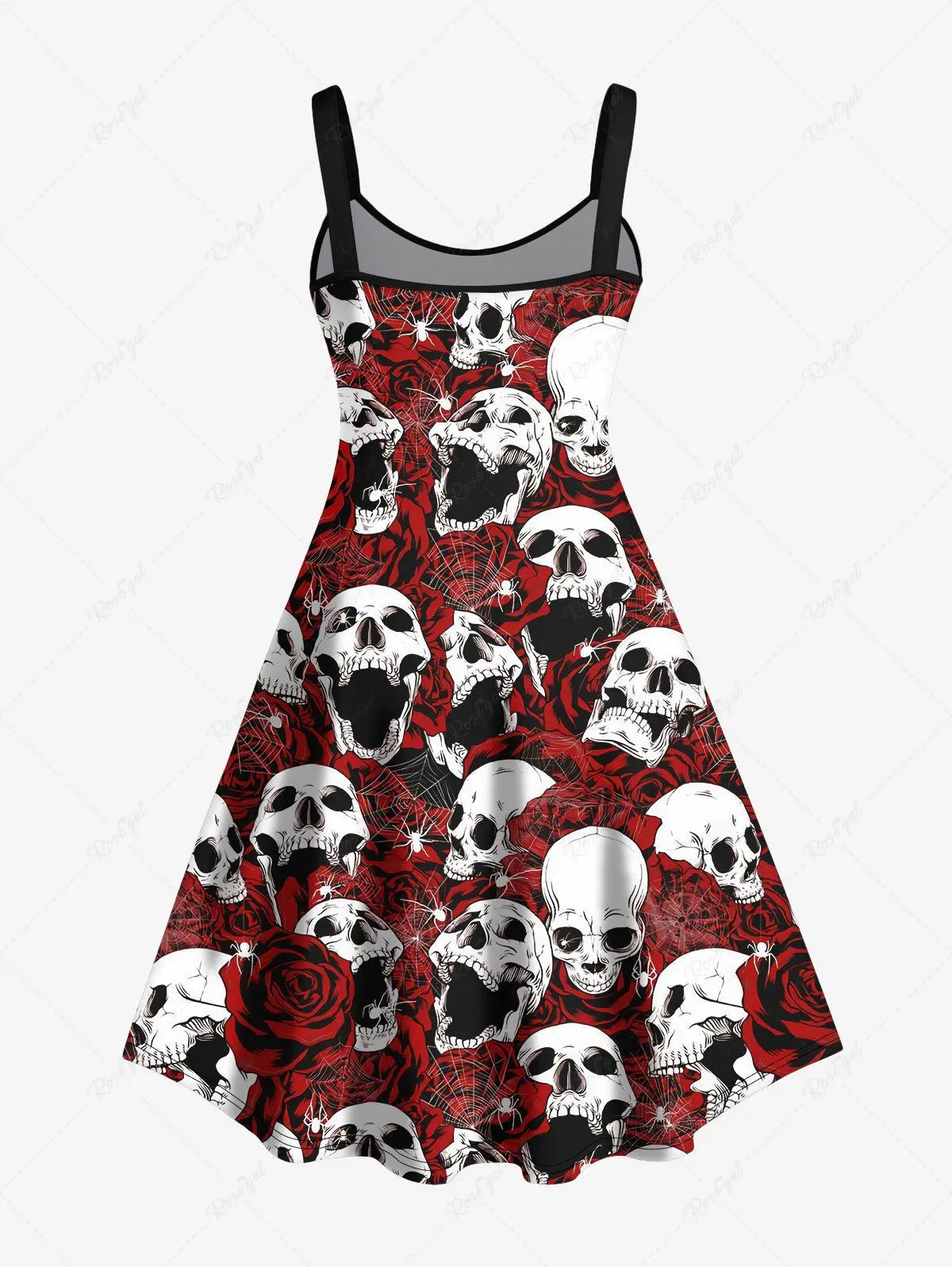 New Plus Size Women's Halloween Tank Dress - Skulls, Roses, Spiders, Rivets, Lace-Up, 3D Printed, Backless Suspenders Design