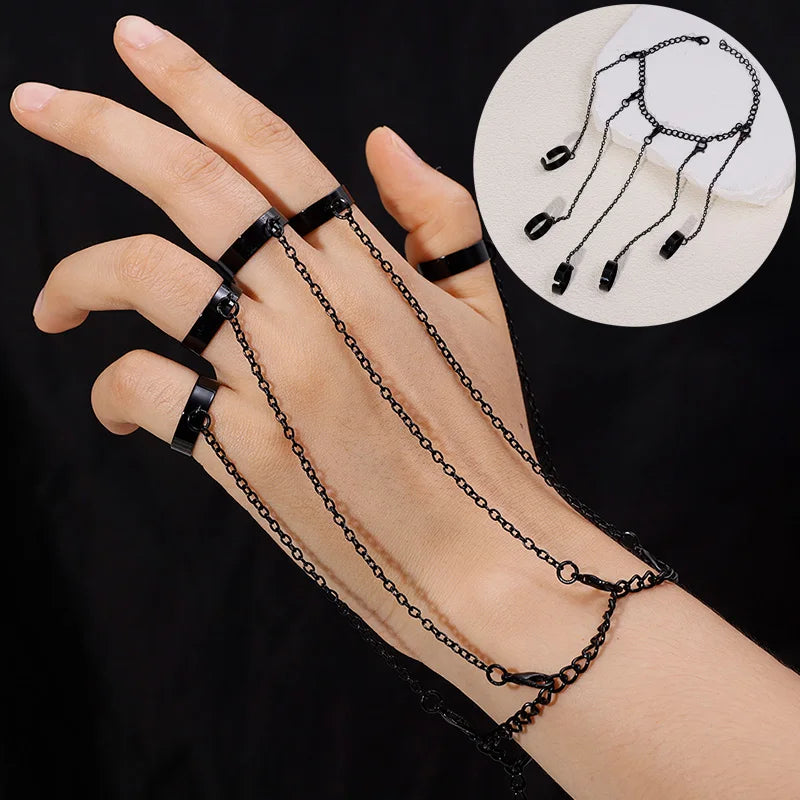 Black Punk Geometric Chain Bracelet Ring Charm Set for Men Women Couple Emo Hip Hop Chains Wrist Open Rings Set Unisex Jewelry