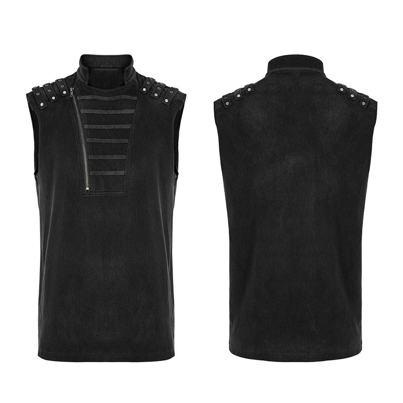 PUNK RAVE Men's Punk Handsome Asymmetric Twill Vest Shoulder Decorative Loop Casual  Tank Tops Four Seasons Men Clothing