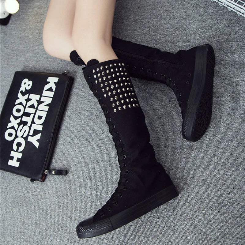 Women’s Canvas Mid-Calf Boots - Punk Rivet Slip-On Flat Sneakers, Casual Comfortable Outdoor Shoes