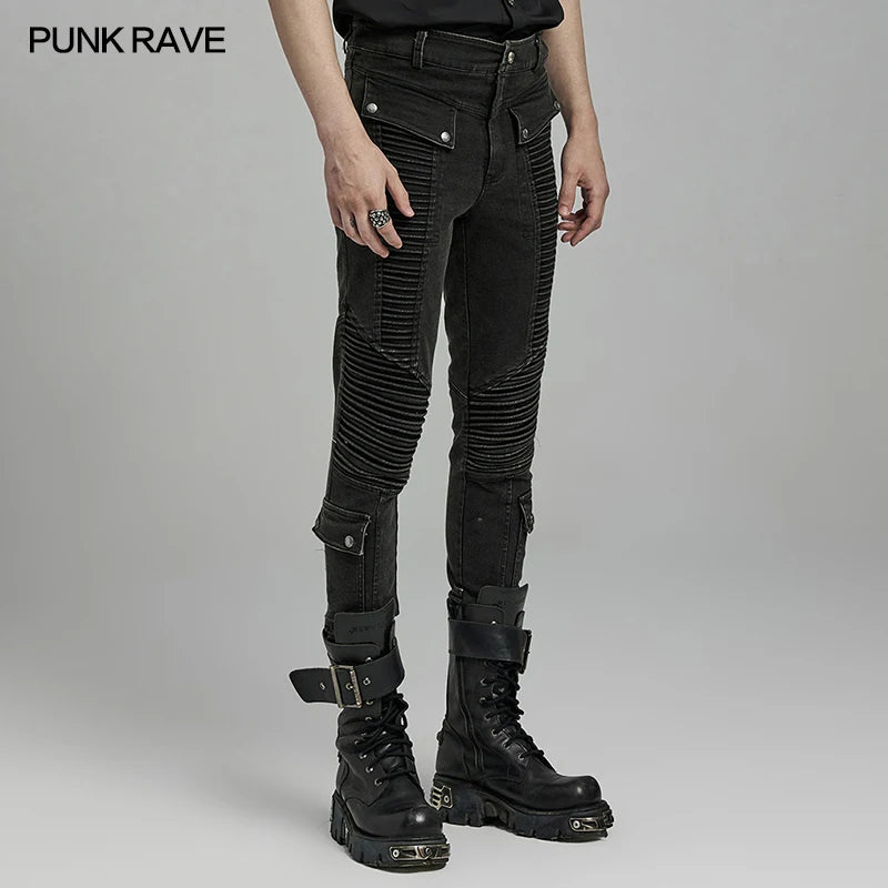 PUNK RAVE Men's Punk Slim Fit Three-dimensional Denim Pants Personalized Streetwear Cool Trousers Spring Autumn Men Clothing