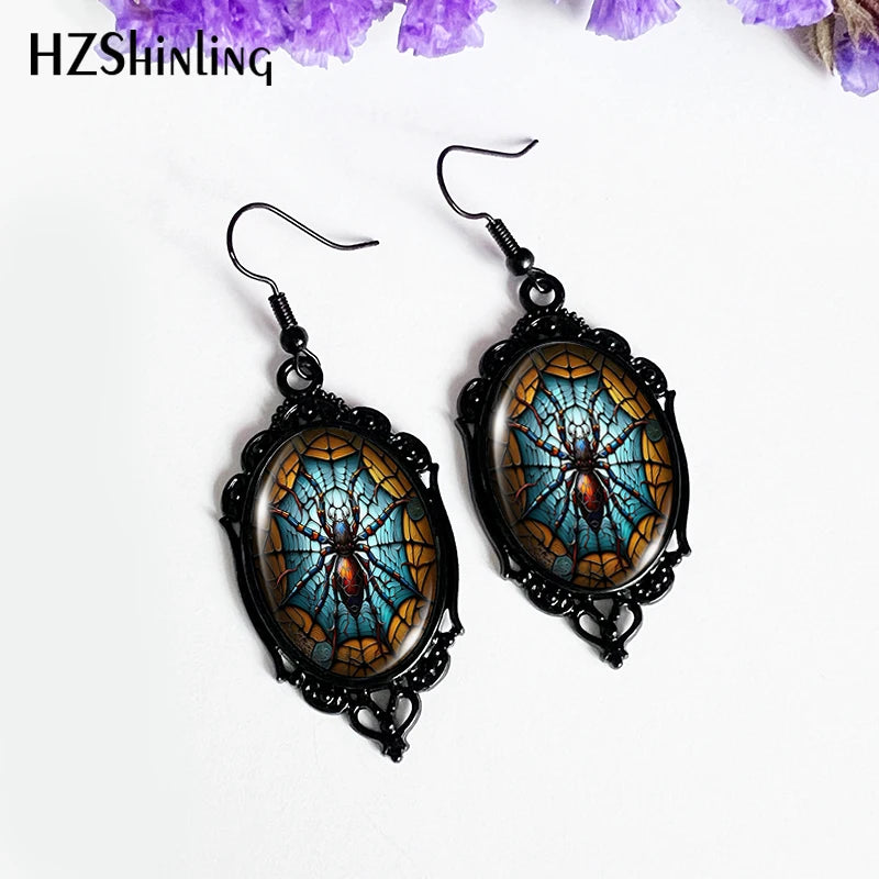 2024 New Halloween Spider Dangle Earrings – Black Oval Glass Photo Jewelry, Ideal for Gifts and Parties