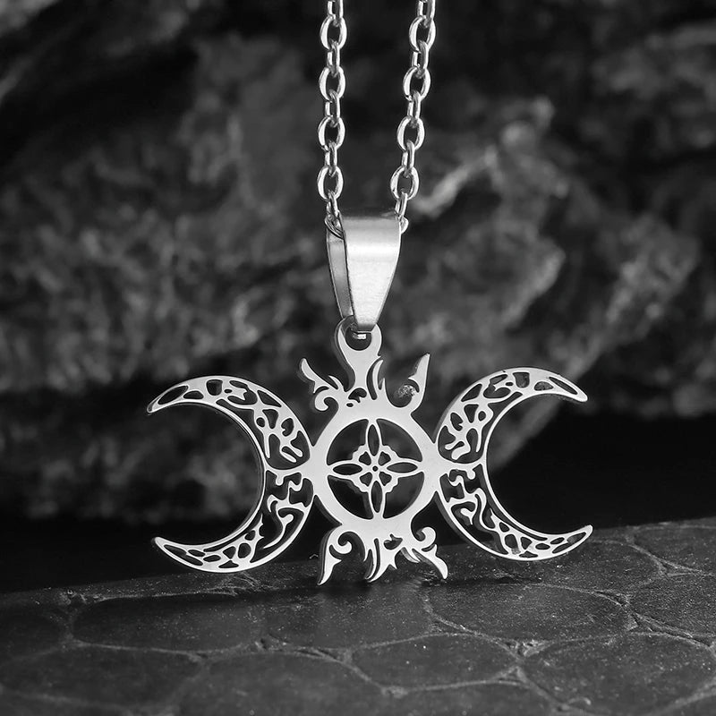 Stainless Steel Sun and Moon Celtic Knot Witchcraft Witch Knot Pendant Necklace Retro Fashion Lucky Jewelry for Men and Women