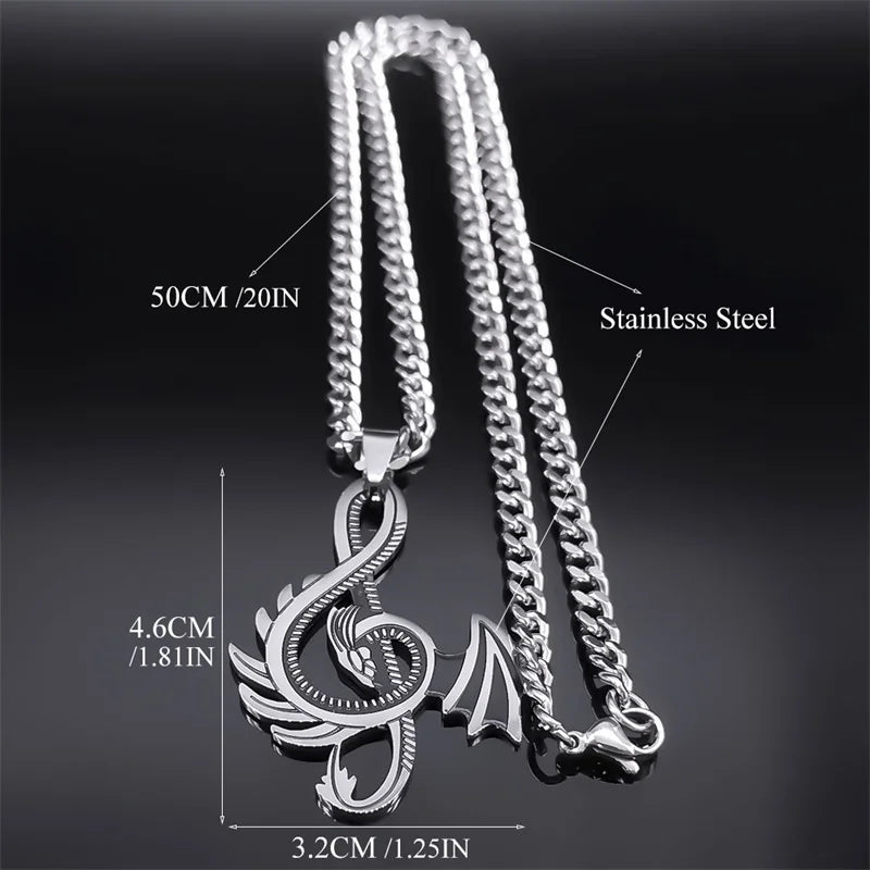 Dragon Treble Clef Pendant Necklace – Stainless Steel Silver Color, Punk Jewelry for Women & Men