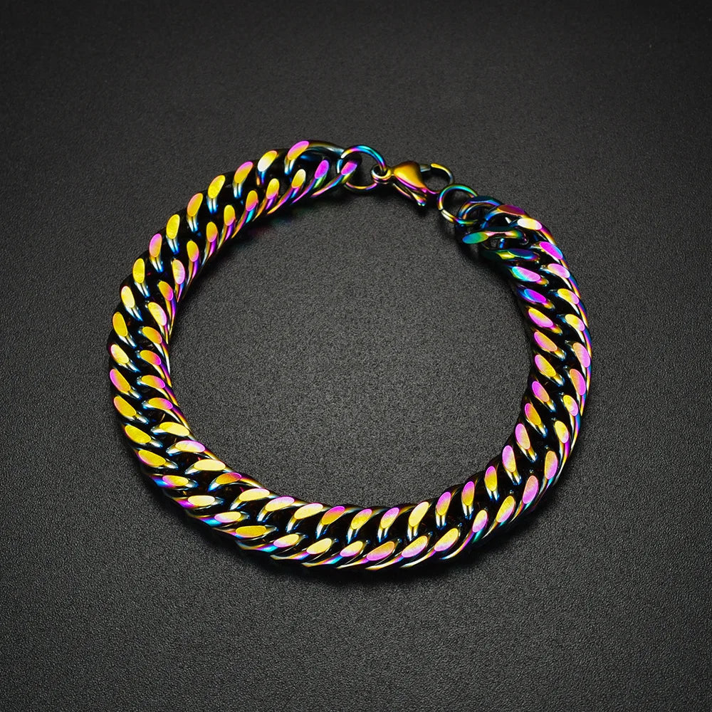 Stainless Steel Colorful Rainbow Cuban Weave Chain Bracelet - Men Women Vintage Kpop Pulseras, Aesthetic Emo Luxury Jewelry