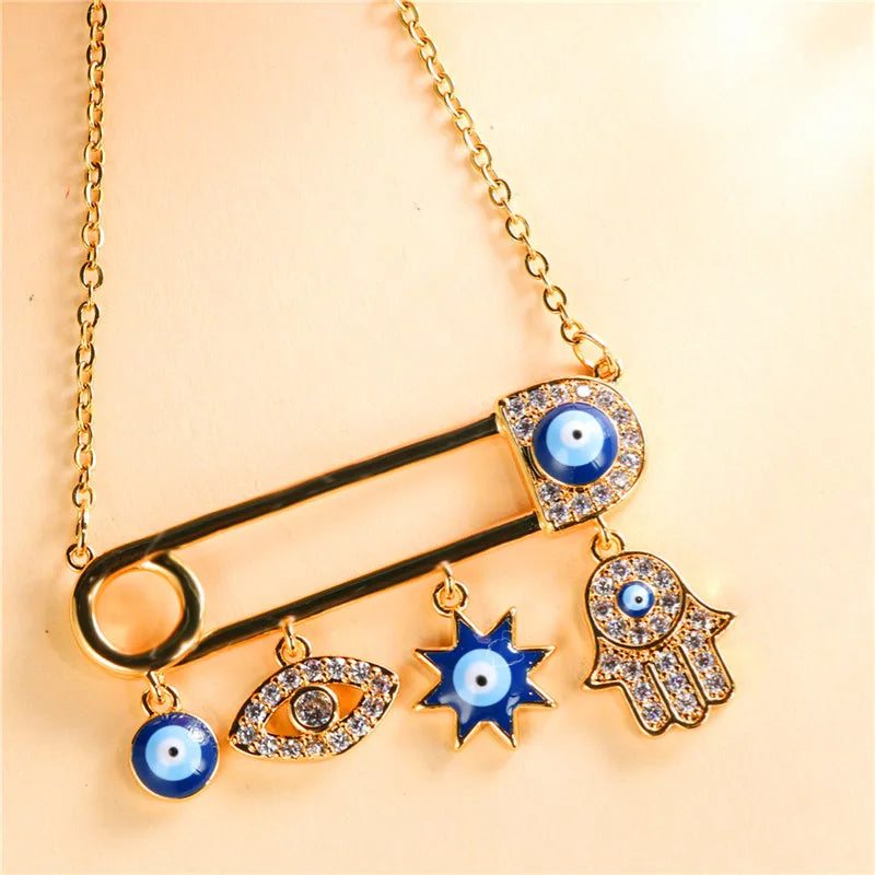 Female Eye Hand Round Pendant Necklace Cute Gold Color Jewelry For Women