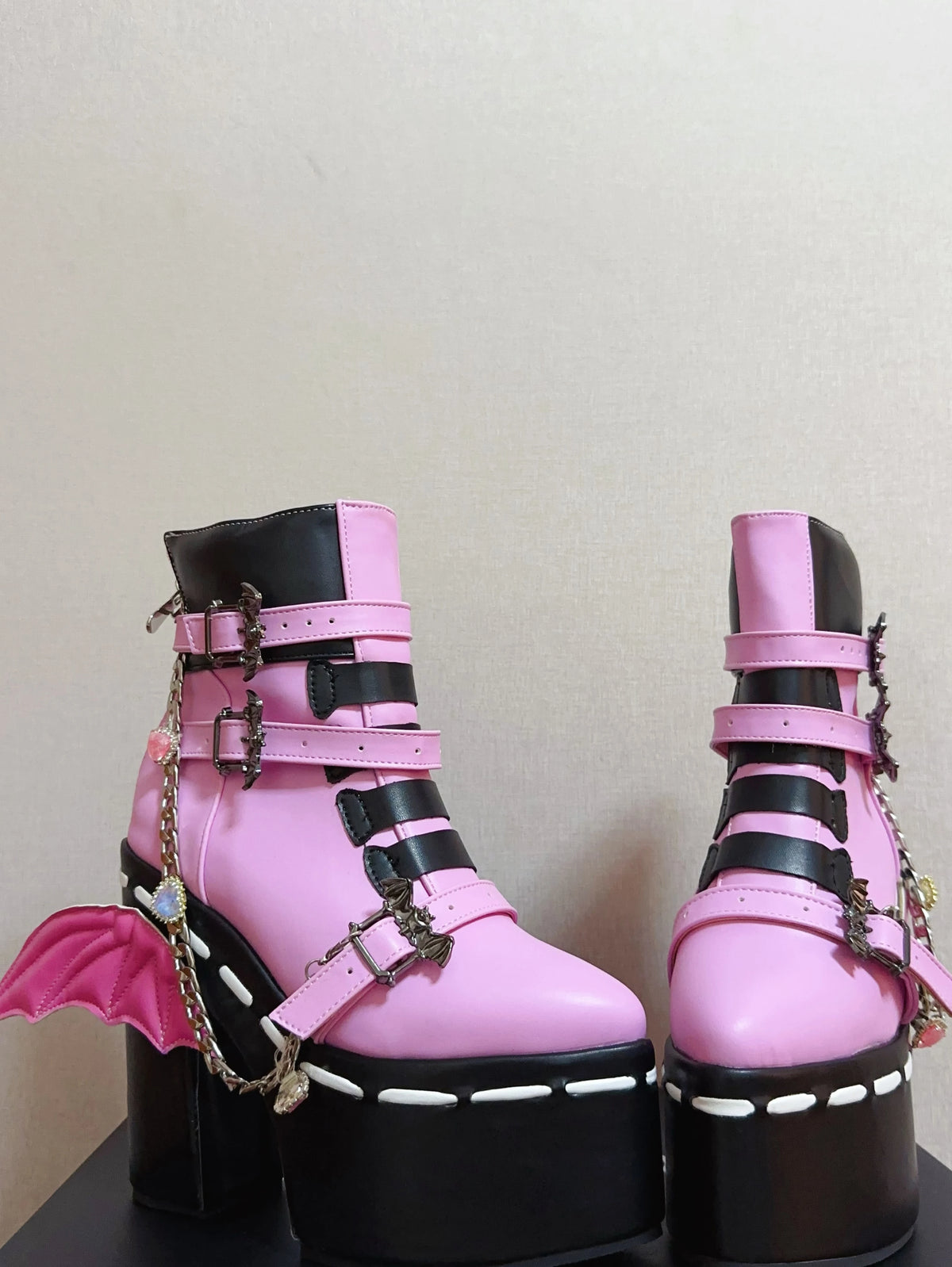 Women Wasteland style thick sole pink black ankle short Boots woman high Heels pumps Cool Lady party customized shoes wings