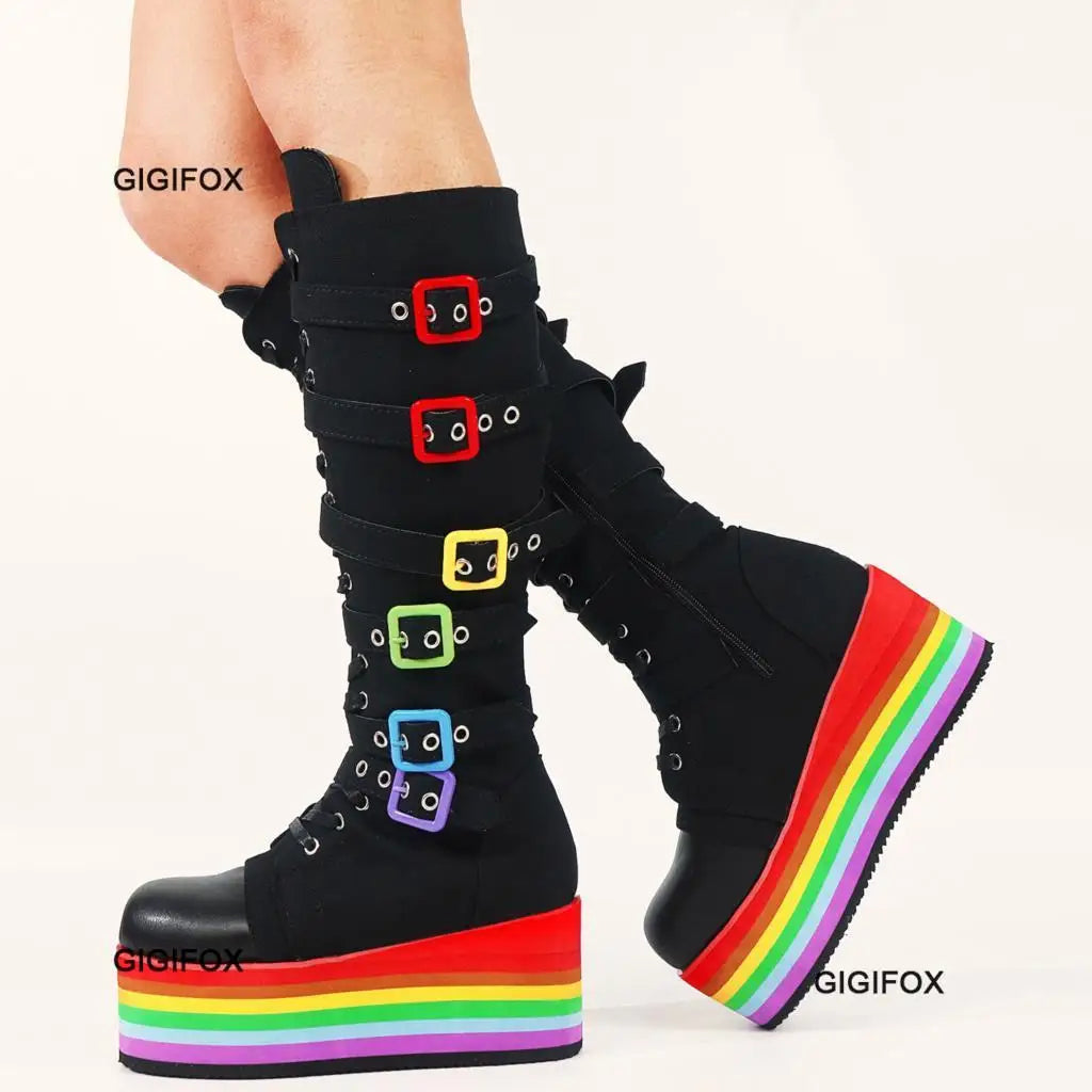 GIGIFOX Brand Big Size 43 Fashion Gothic Rianbow Platform Buckles Zipper Colorful Great Quality Motorcycle Boots Woman Shoes