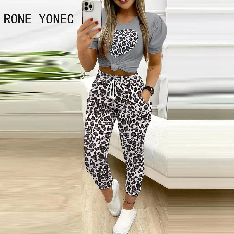 2024 Women’s Short Sleeve Leopard Pattern T-shirt & High Waist Cuffed Elastic Waist Two-Piece Set