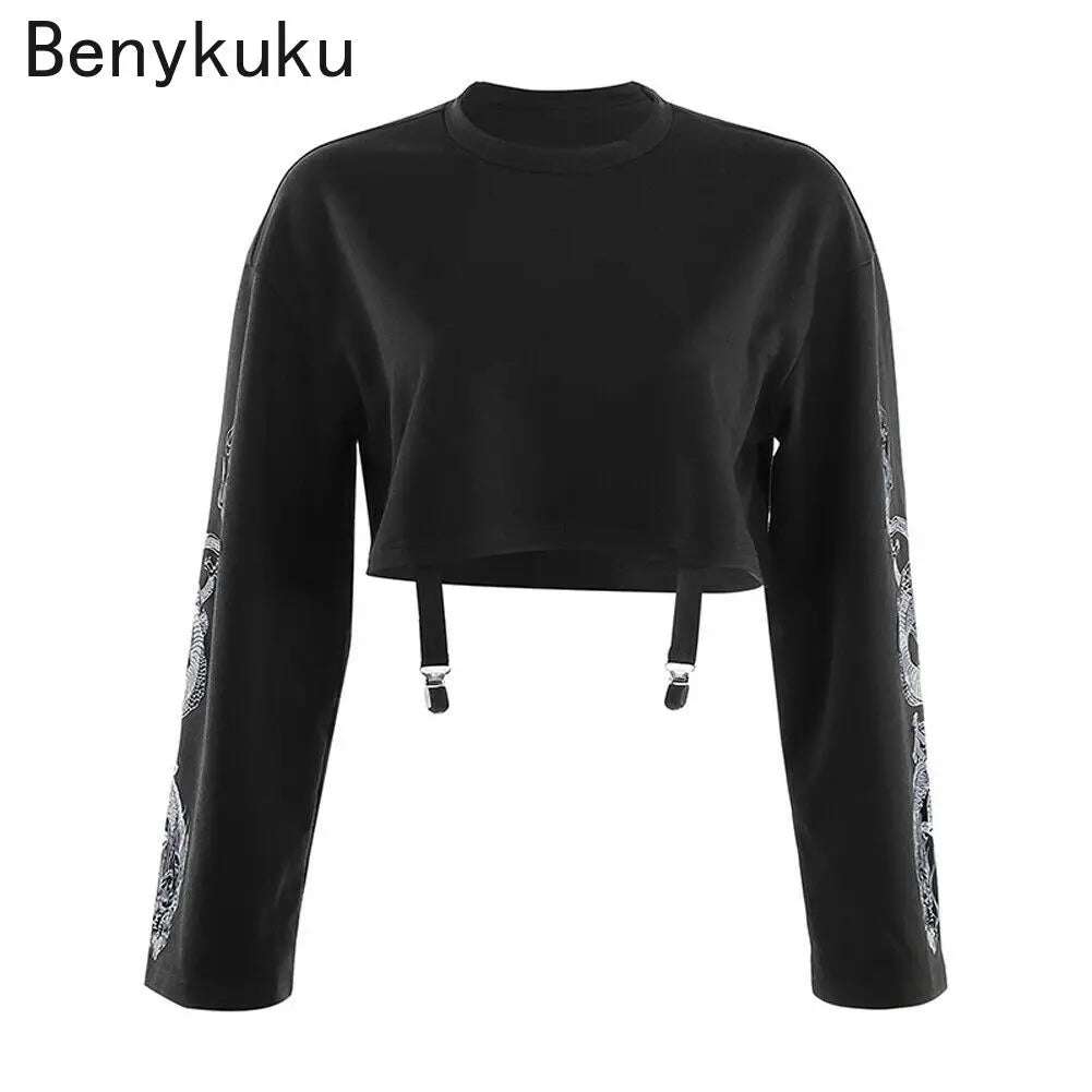 Gothic Punk Cool Girl Grunge Dragon Pattern T-Shirt – Long Sleeve Loose Sweatshirt, Harajuku Black Crop Top Pullover for Women