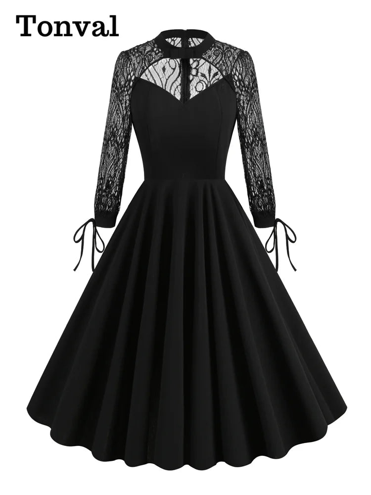 Tonval Hollow Out Front Elegant Evening Festival Black Dresses for Women Lace Long Sleeve Ladies Vintage Sexy Swing Dress