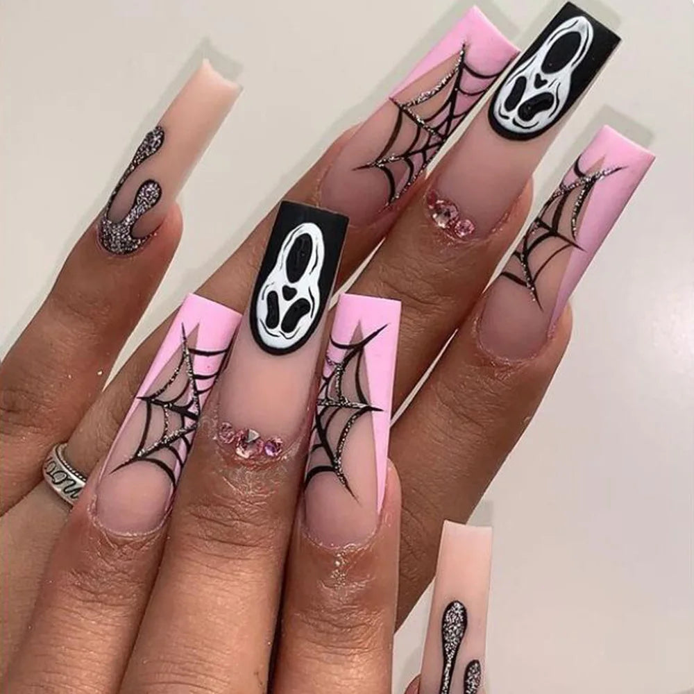 24Pcs Halloween Ballet False Nails with Ghost Spider Web Design Pink French Fake Nails Detachable Coffin Press on Nail Tips