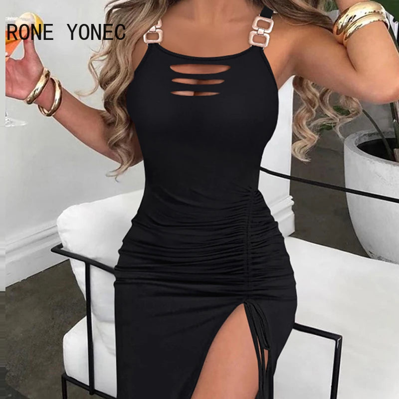 Women's Sexy Bodycon Maxi Dress with Thick Straps, High Slit, Shirring, and Knitting Hole Detailing