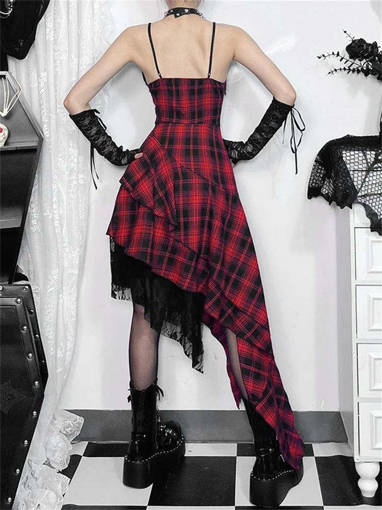 SUNSIREN Harajuku Gothic Plaid Dress for Women - Japanese Y2K 2000s Lace Patchwork Spaghetti Strap V-Neck Halloween Dress