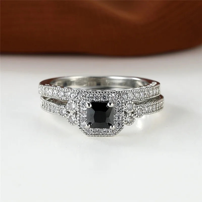 Luxury Black Zircon Crystal Engagement Ring Set - Cute Wedding Jewelry for Women