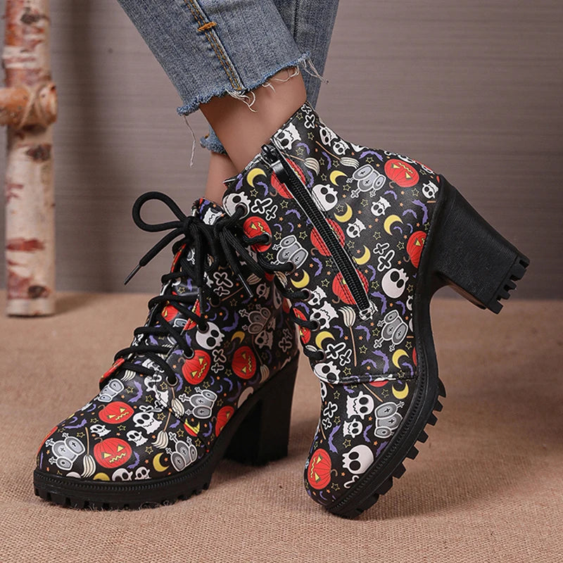 Halloween Pumpkins Print Platform Ankle Boots for Women – 2024 Autumn Side Zip High Heels, PU Leather Thick Heeled Booties